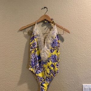 Vibrant Yellow and Purple Floral Bodysuit with Plunging V-neckline